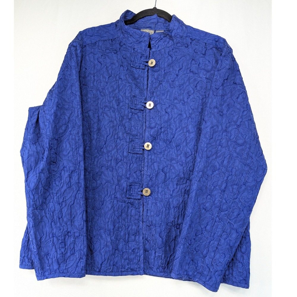 Chicos Royal Blue Textured Matelasse Mandarin Collar Button Front Jacket Size 3